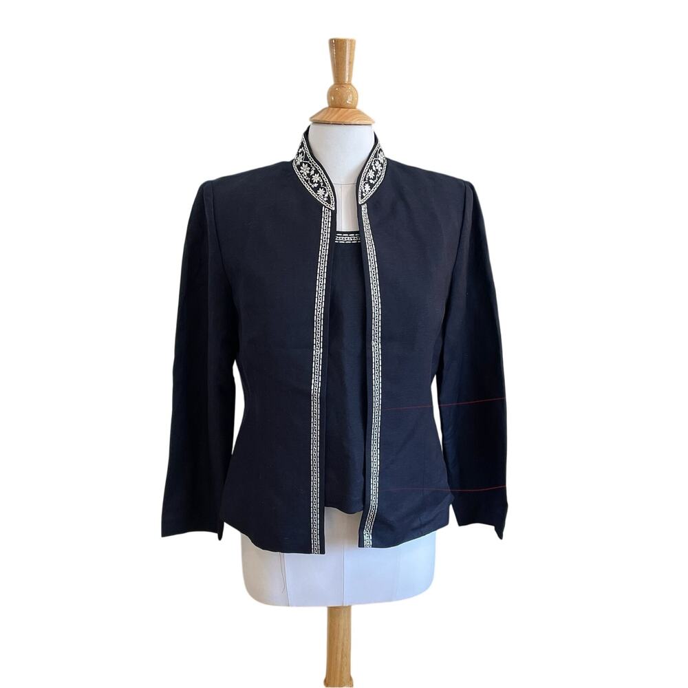 New Coldwater Creek Navy Linen Blend Embroidered Blazer Jacket & Tank Set, 8